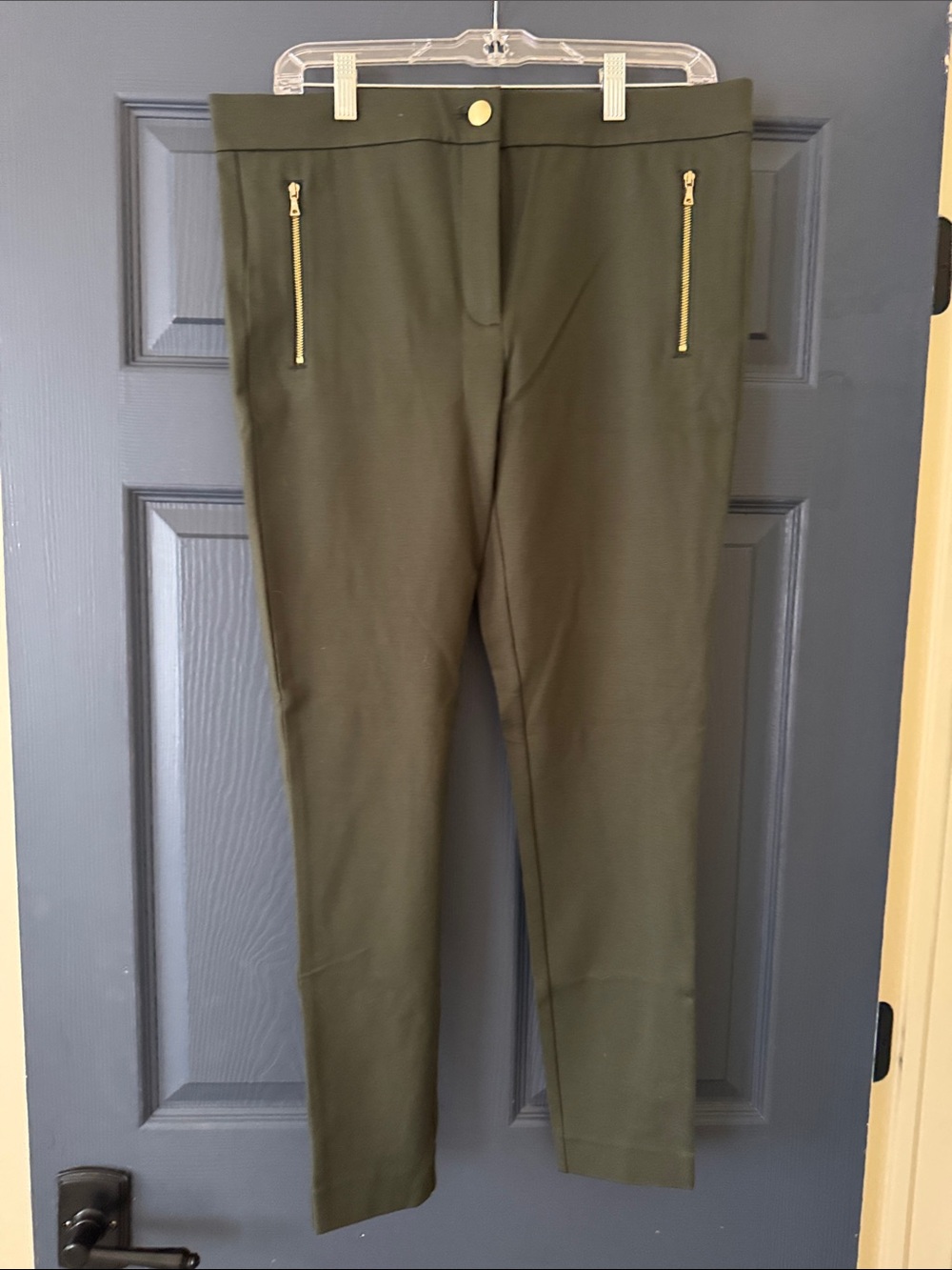 LOFT Olive Stretch Chinos with Gold Zip Details